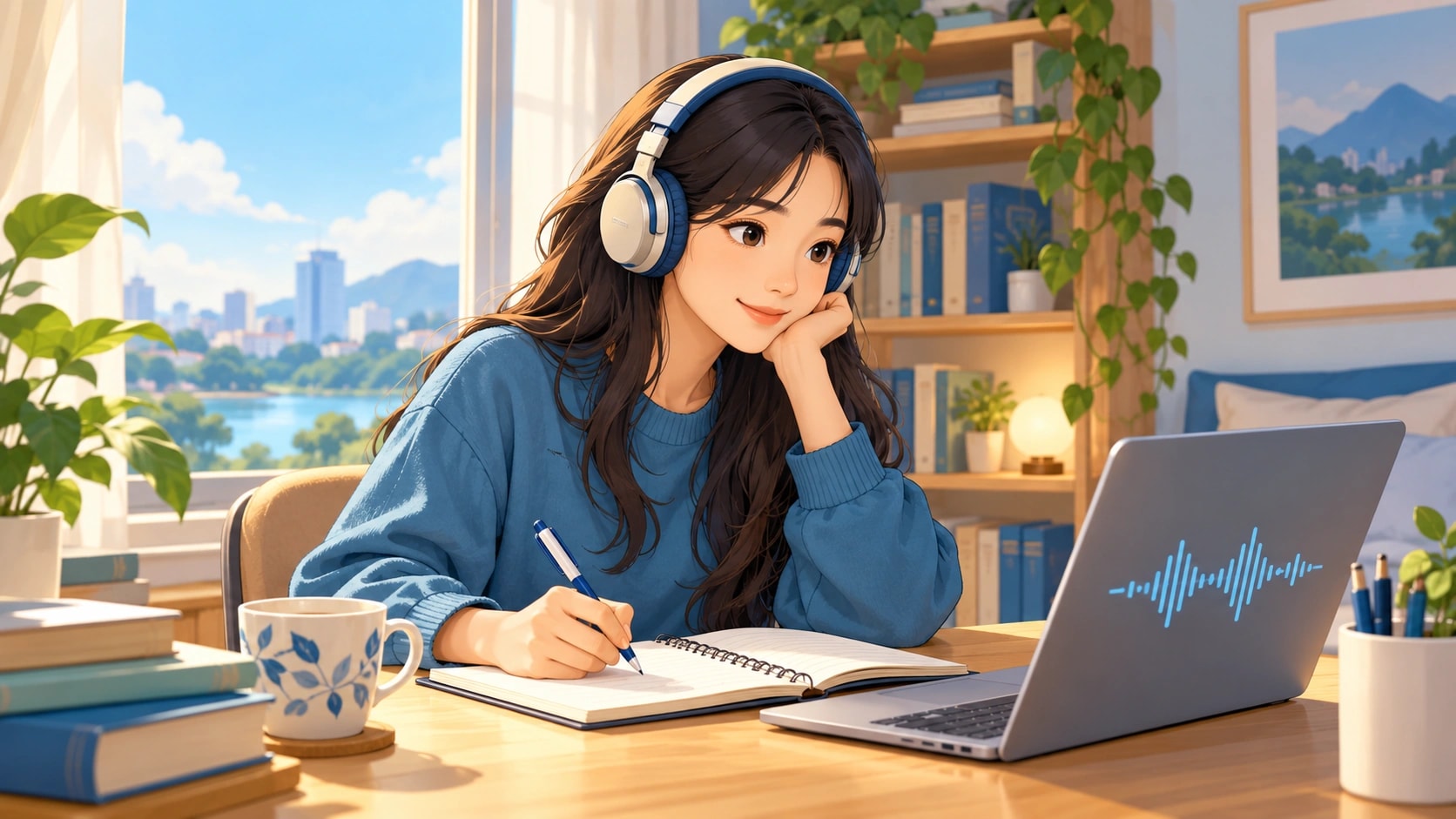 Minh họa Alenvar: học viên luyện nghe với tai nghe và sổ ghi chú