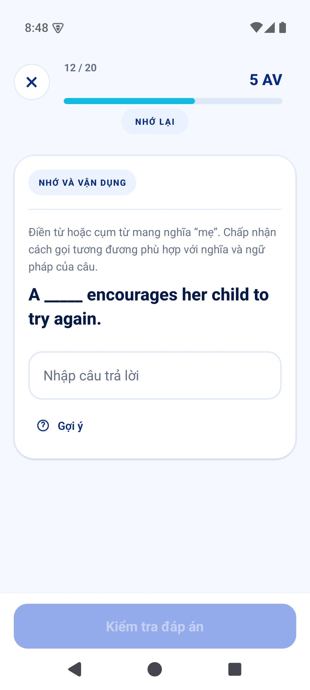 Bài tập điền khuyết có nghĩa gợi ý