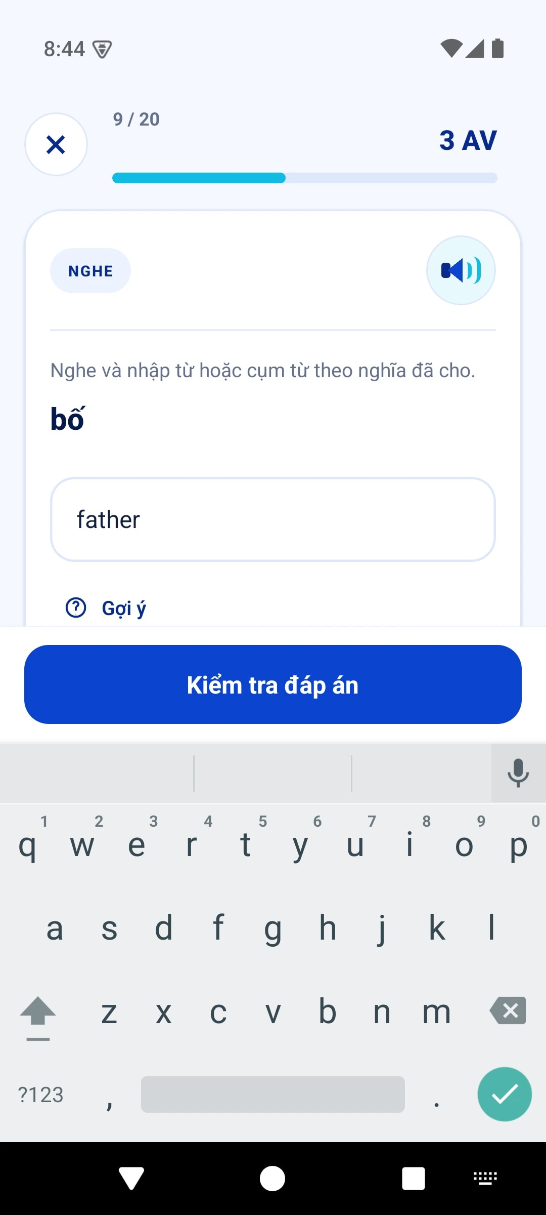 Nhập câu trả lời bằng bàn phím