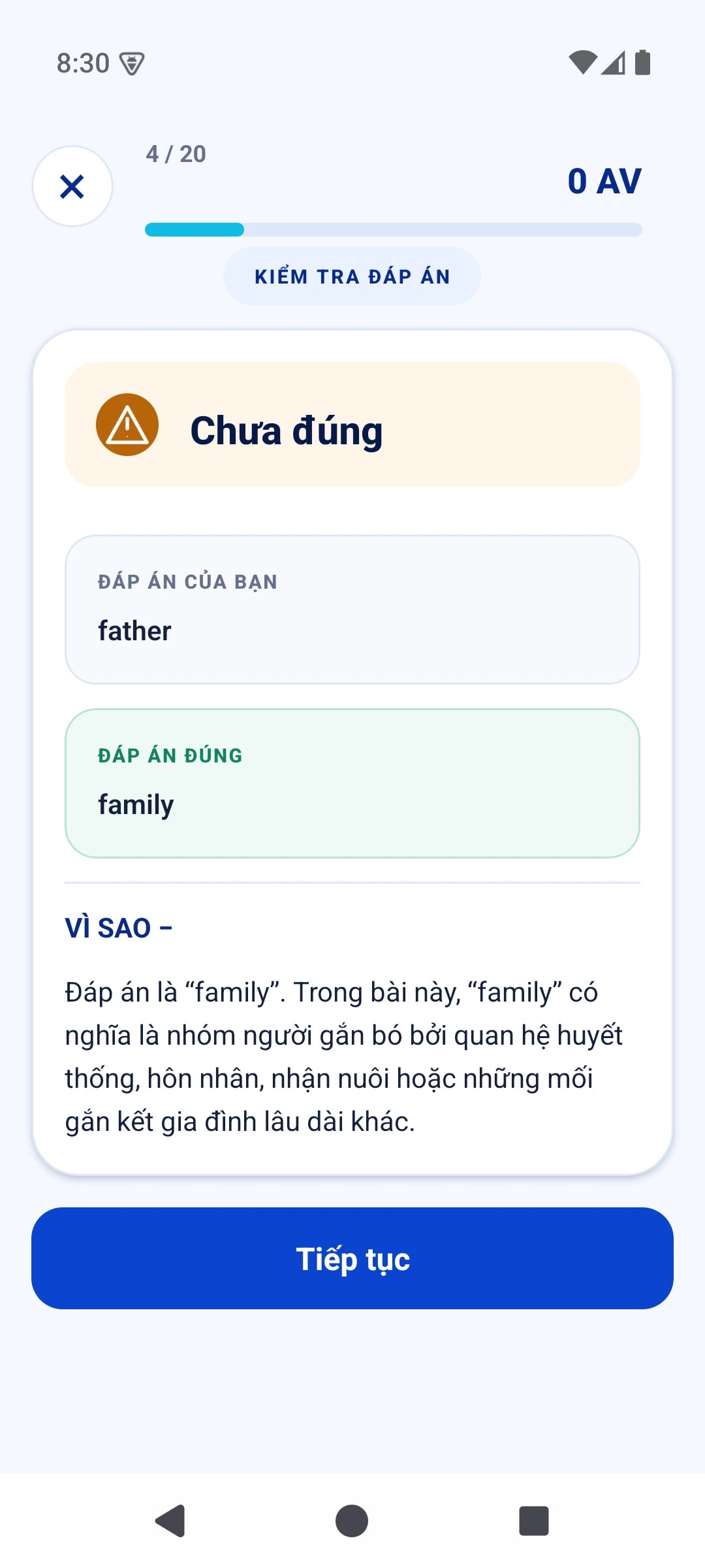 Phản hồi khi trả lời chưa đúng