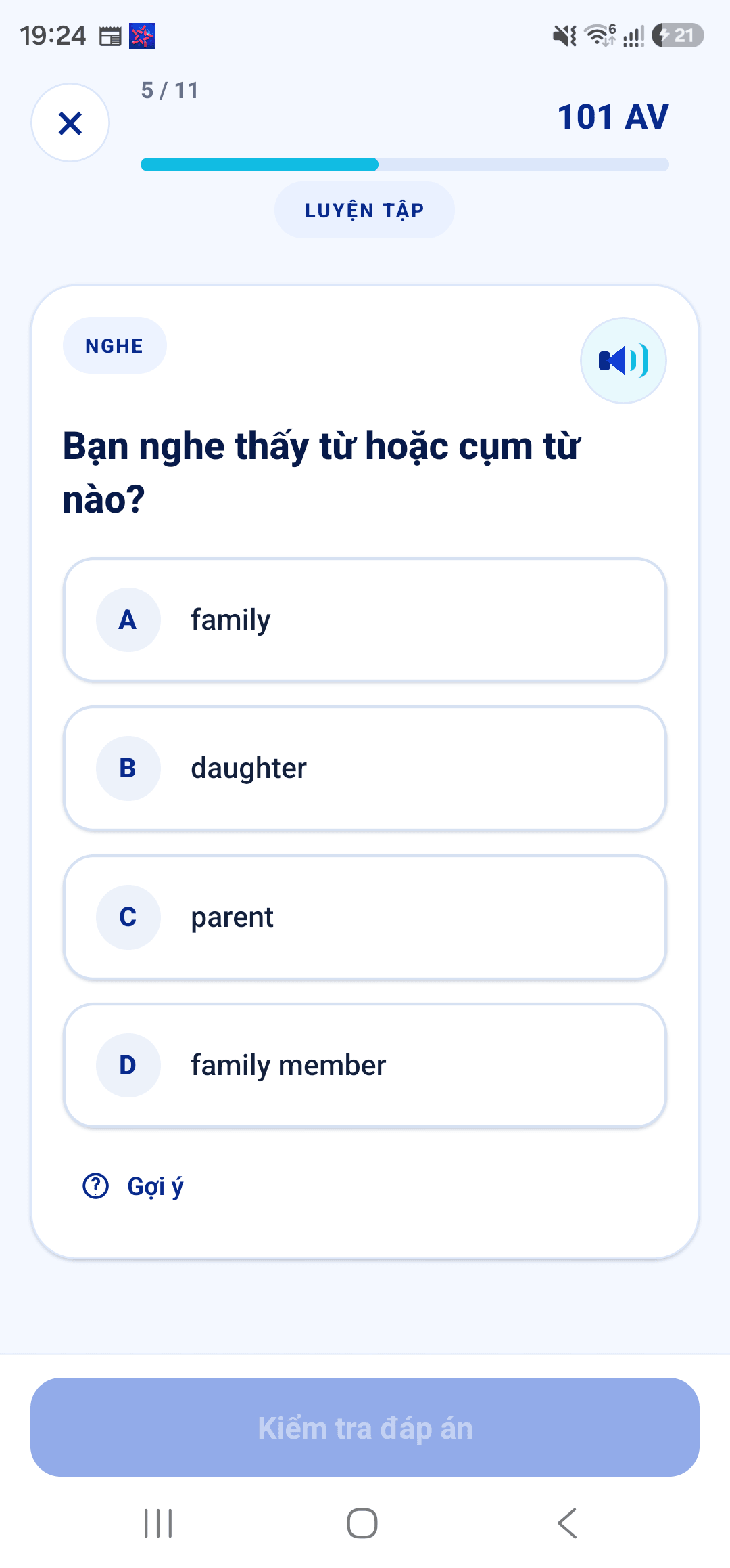 Nghe và nhận diện từ đang học