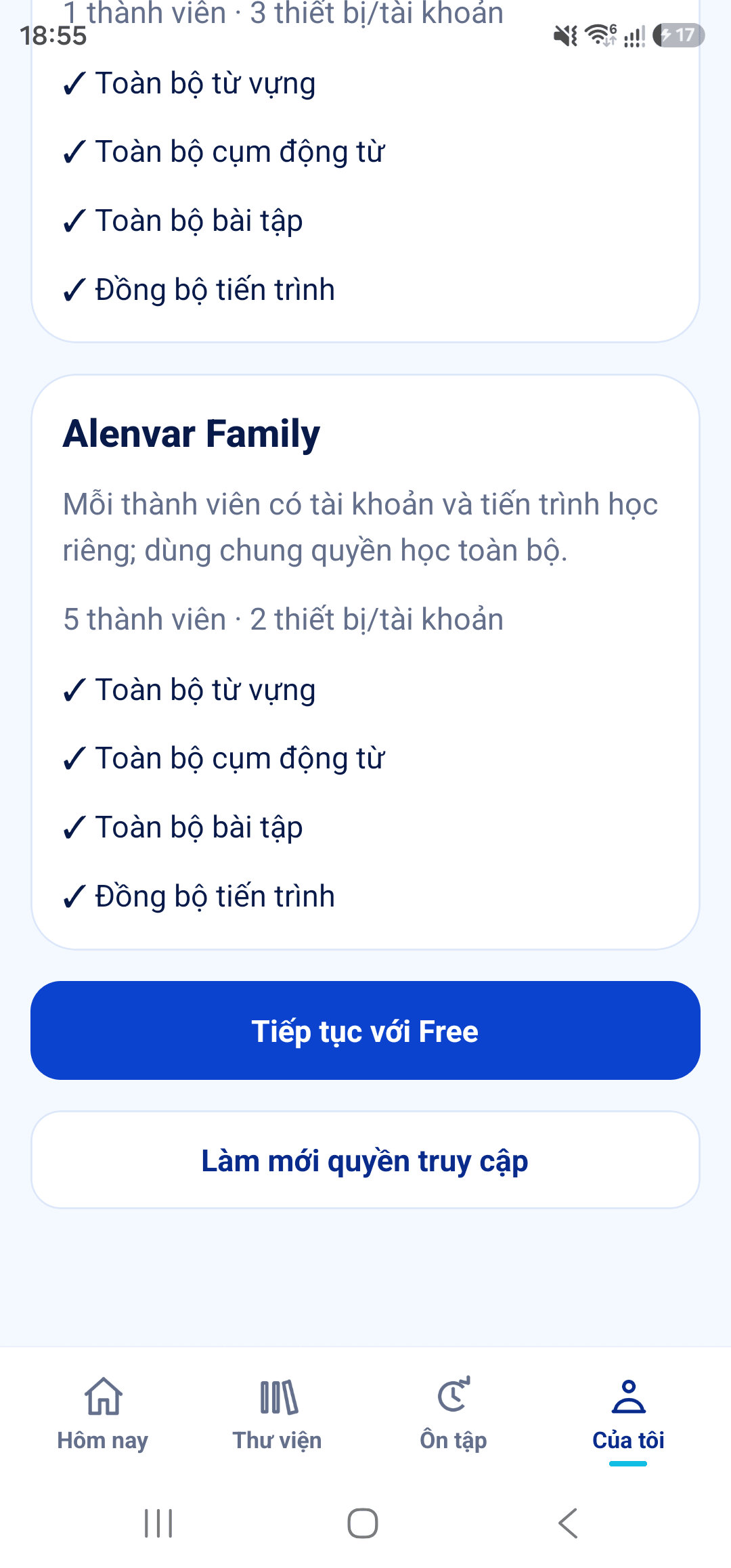 Quyền lợi Family trong Gói học & nâng cấp