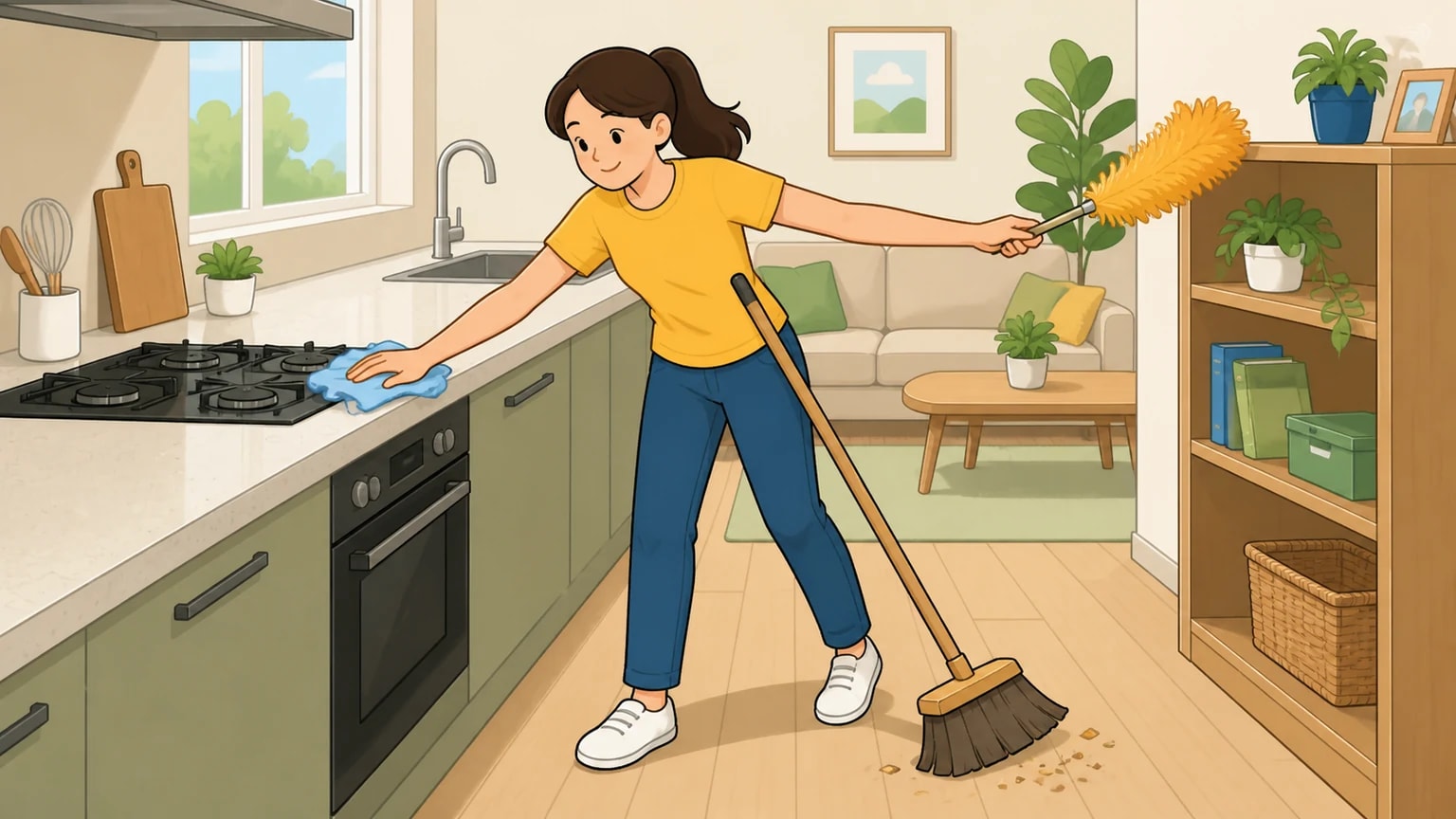 Hình minh họa từ nội dung vệ sinh, giặt giũ, rác thải và bảo trì nhà cửa